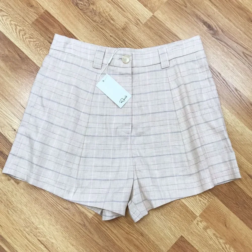 RAILS Ilena‎ Linen Trouser Shorts High Waist Sand Check Cream Plaid Size 12 New